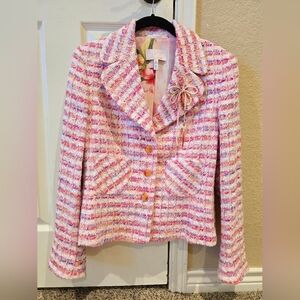 Escada Pink Tweed Blazer Jacket With Flower Size 38